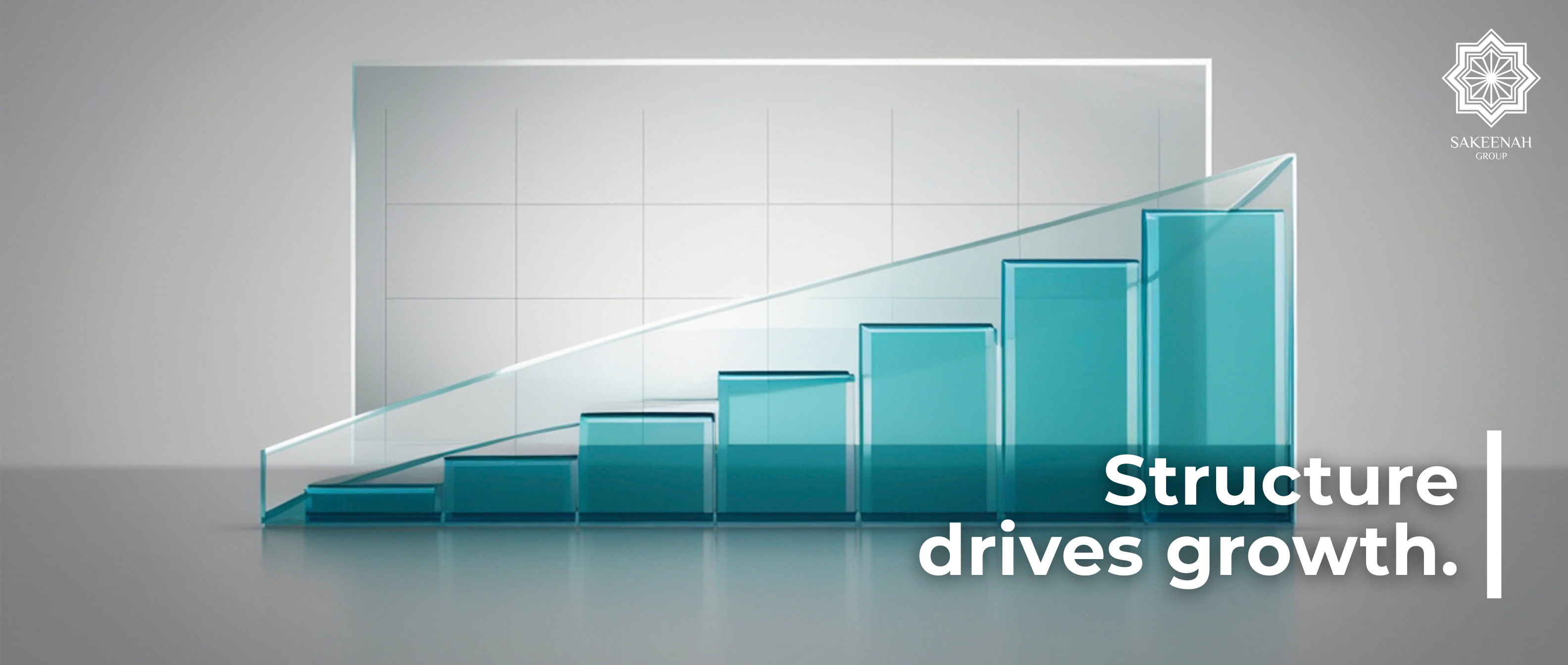 Modern 3D bar chart with rising blue glass blocks and an upward arrow, featuring the text 'Structure drives growth' and the Sakeenah Group logo.