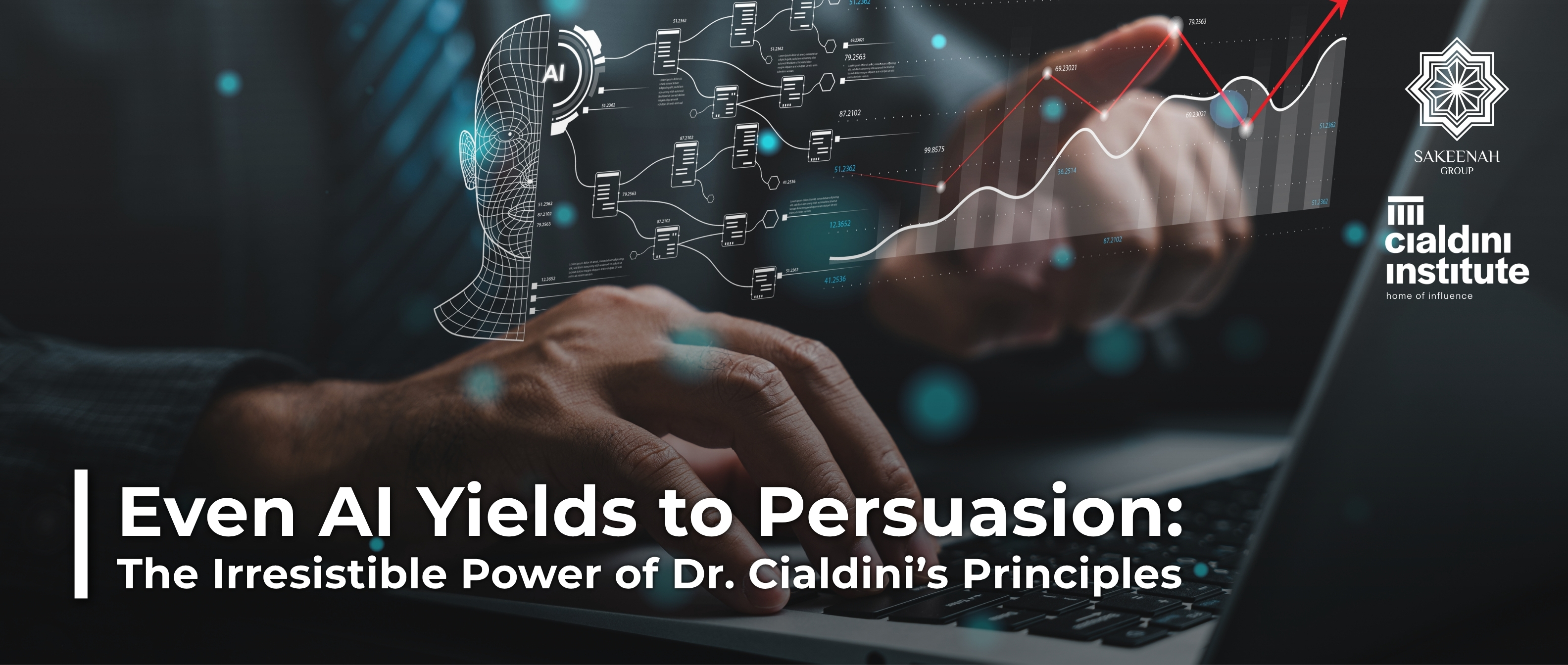 Sakeenah Group blog banner about AI and influence. A person interacts with data charts and an AI wireframe graphic. Text: 'Even AI Yields to Persuasion: The Irresistible Power of Dr. Cialdini's Principles,' alongside the Cialdini Institute logo.