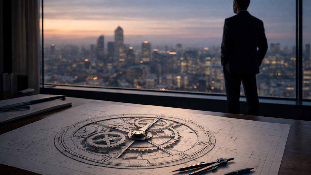 A cinematic wide shot of a businessman from behind, looking out over a blurred, glowing cityscape during sunset. In the sharp foreground, a desk holds a detailed blueprint featuring an intricate clockwork or gear system, accompanied by drafting tools like a compass and pens. The image evokes themes of visionary planning and precision.