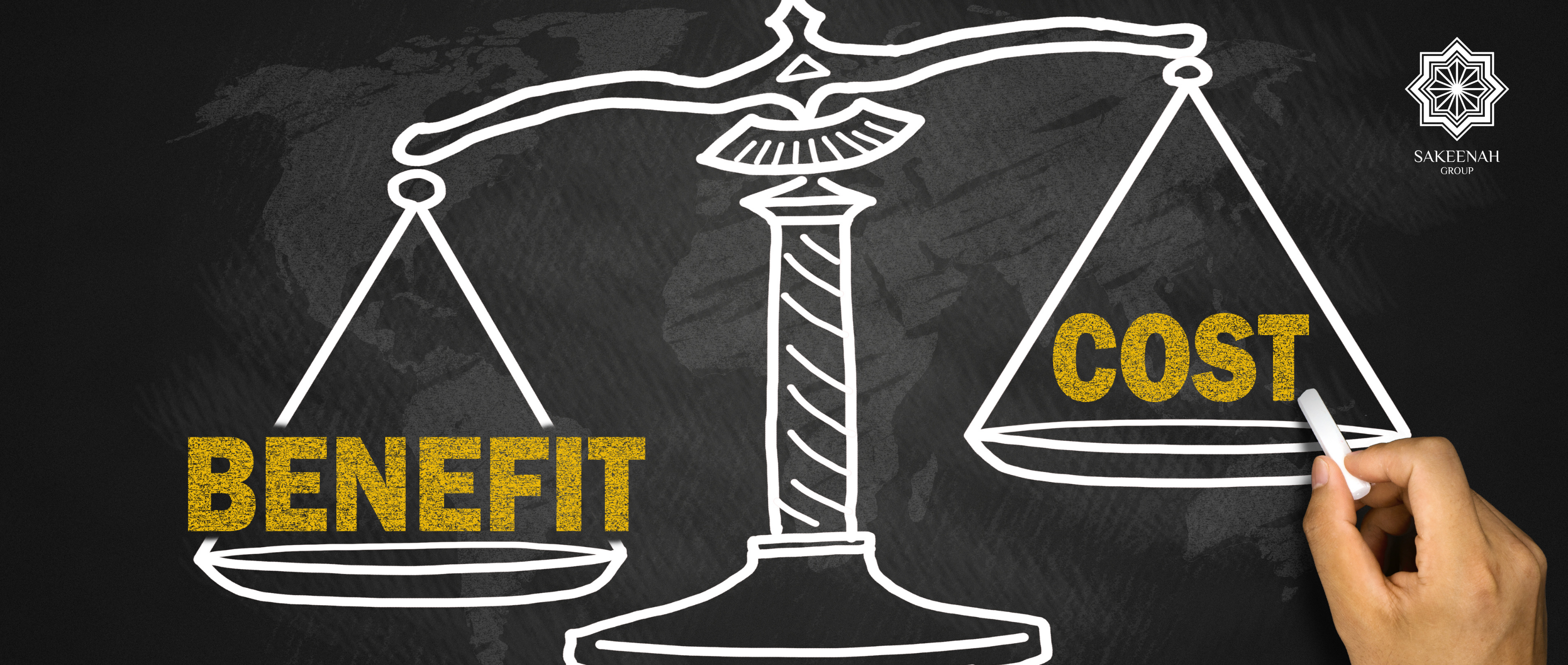 A cost vs benefit balance scale illustration representing the ROI and financial trade-offs of business AI adoption with the Sakeenah Group logo.