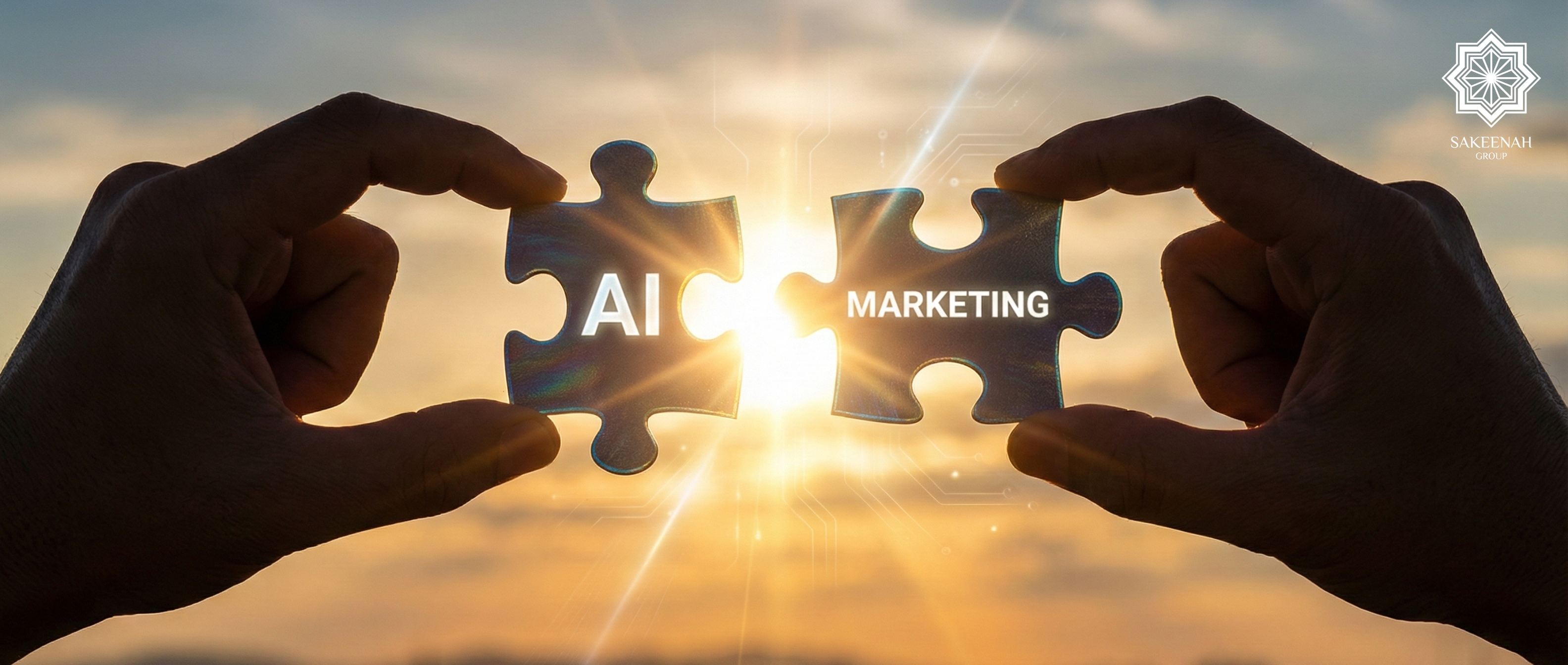 Two hands hold two glowing jigsaw puzzle pieces against a sunset background. The left piece is labeled 'AI' and the right piece is labeled 'MARKETING.'' Bright light shines through the center where the pieces are about to connect. The Sakeenah Group logo is visible in the top right corner.
